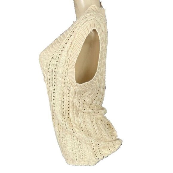 Sweater Project M Beige Low V-Neckline Cable Open Weave Knit Cap Sleeve Sweater - Picture 5 of 6